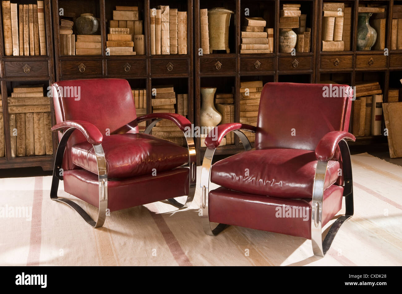 Pair Of American Chrome And Red Leatherette Armchairs From