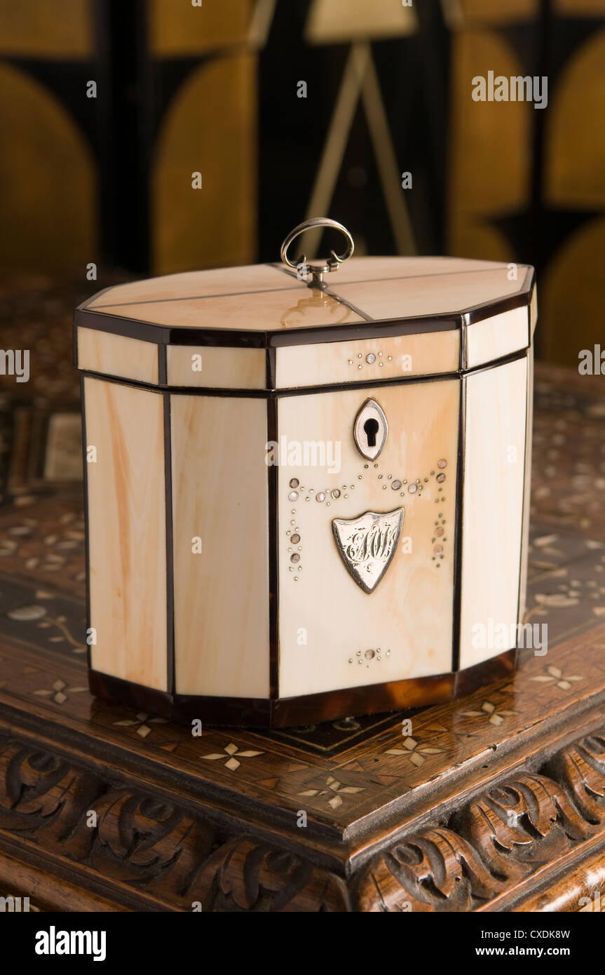 Georgian ivory lozenge-shaped tea caddy with mother or pearl and silver inlay and tortoiseshell edging Stock Photo