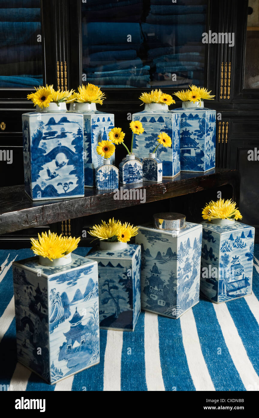 Selection of Chinese blue and white porcelain tea canisters, c1800 Stock Photo