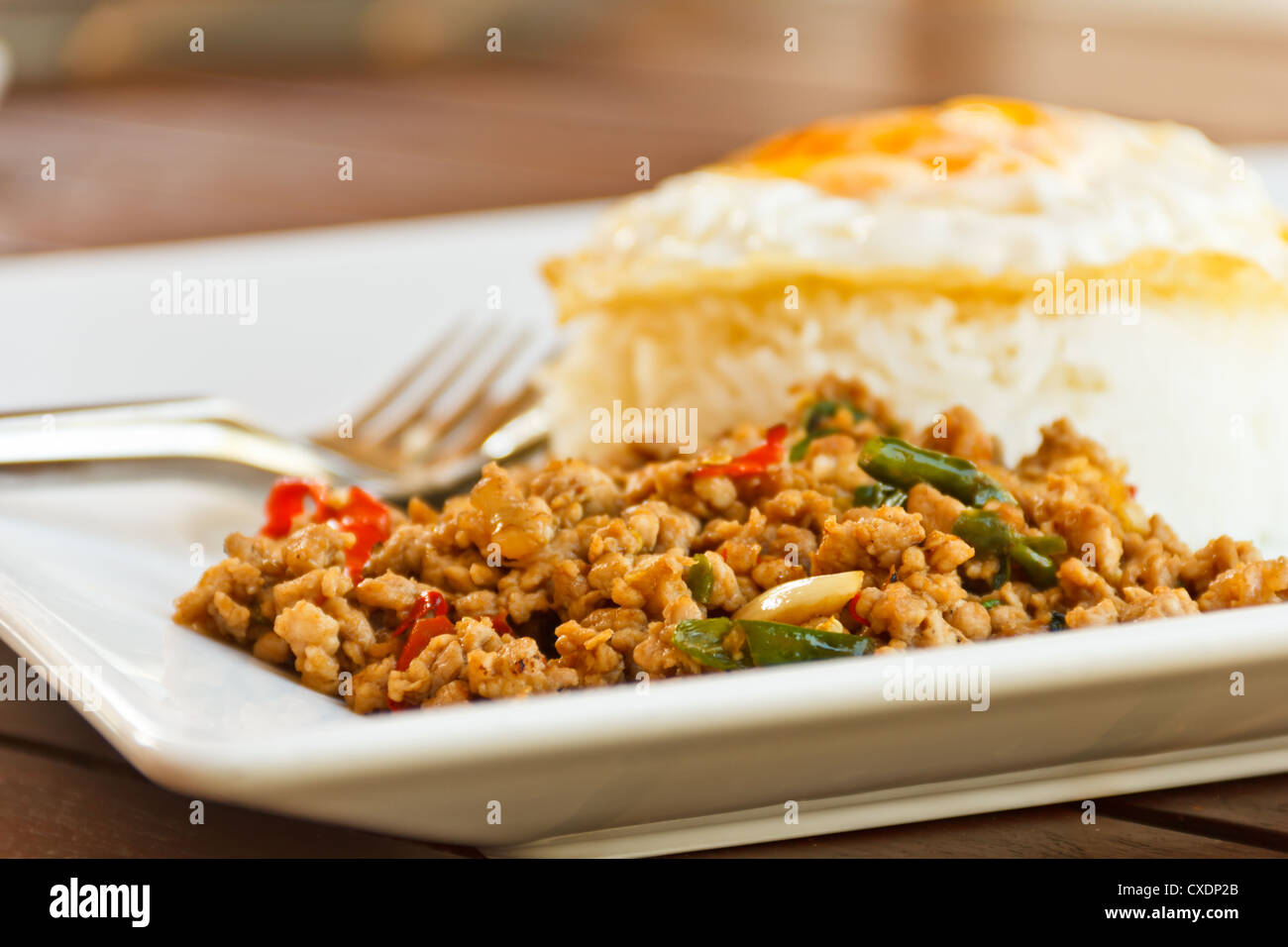 Pad Krapow Moo, spicy stirfried pork with fried egg and Thai holy