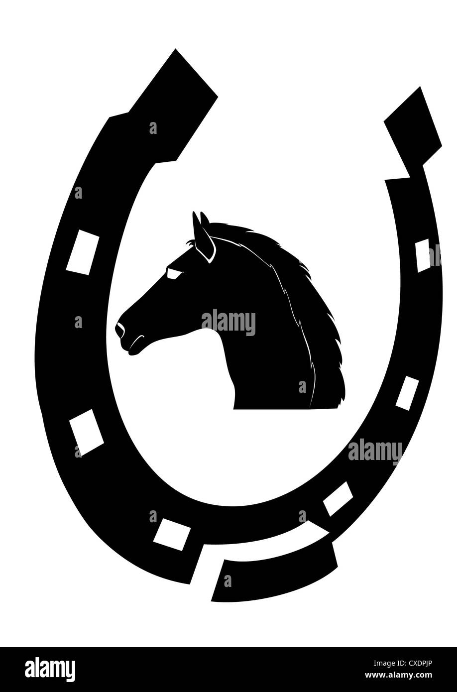 Horseshoe and black horses head Stock Photo - Alamy