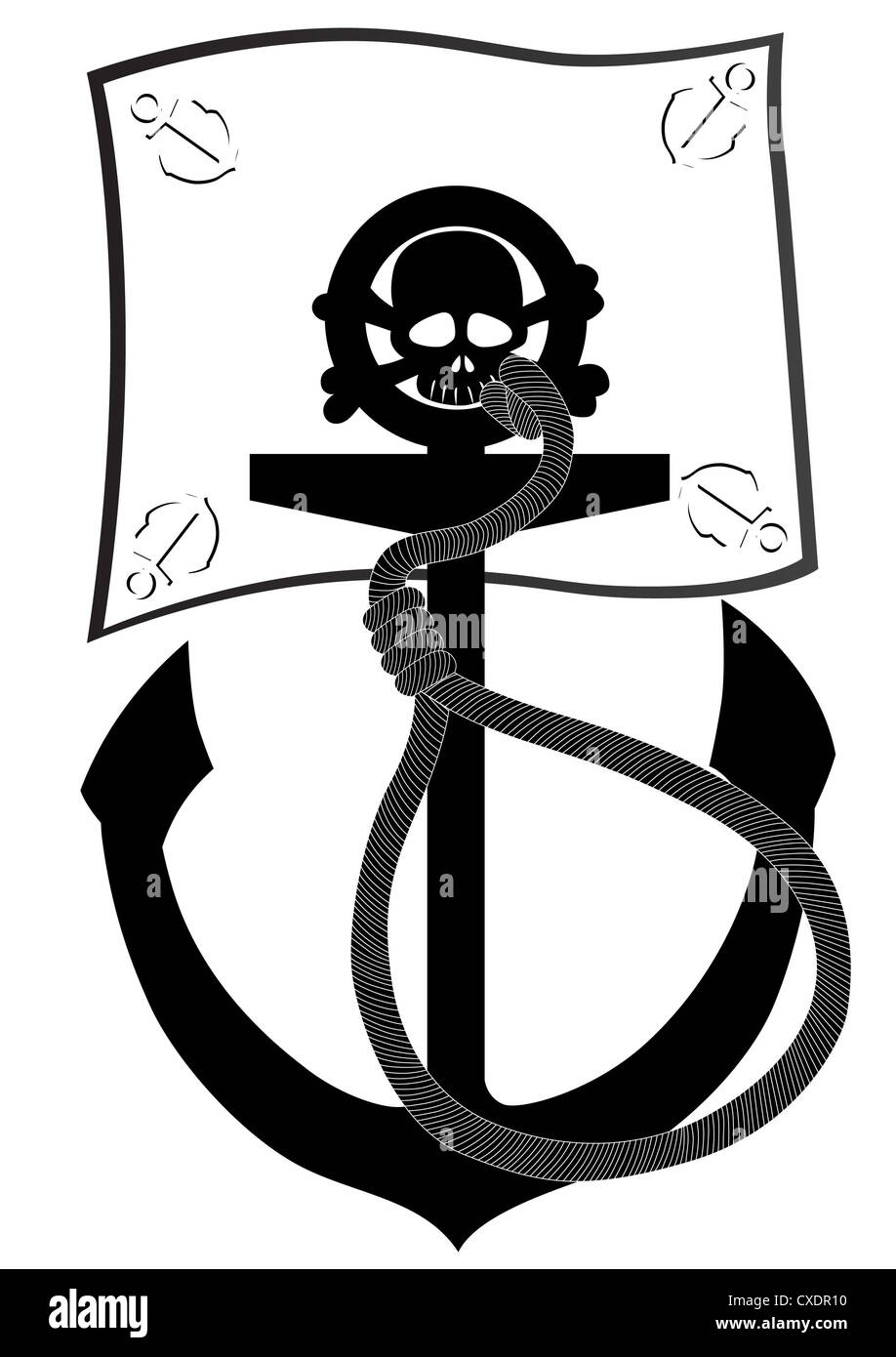 Ships anchor and pirate flag. Black and white illustration Stock Photo