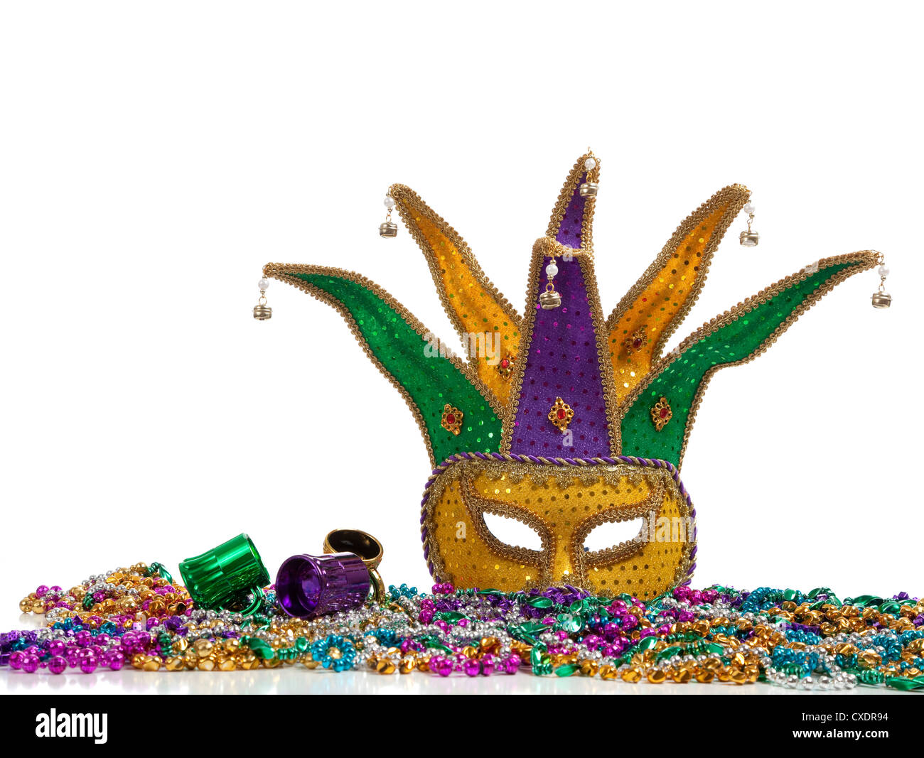 A group of mardi gras beads an mask with copy space Stock Photo
