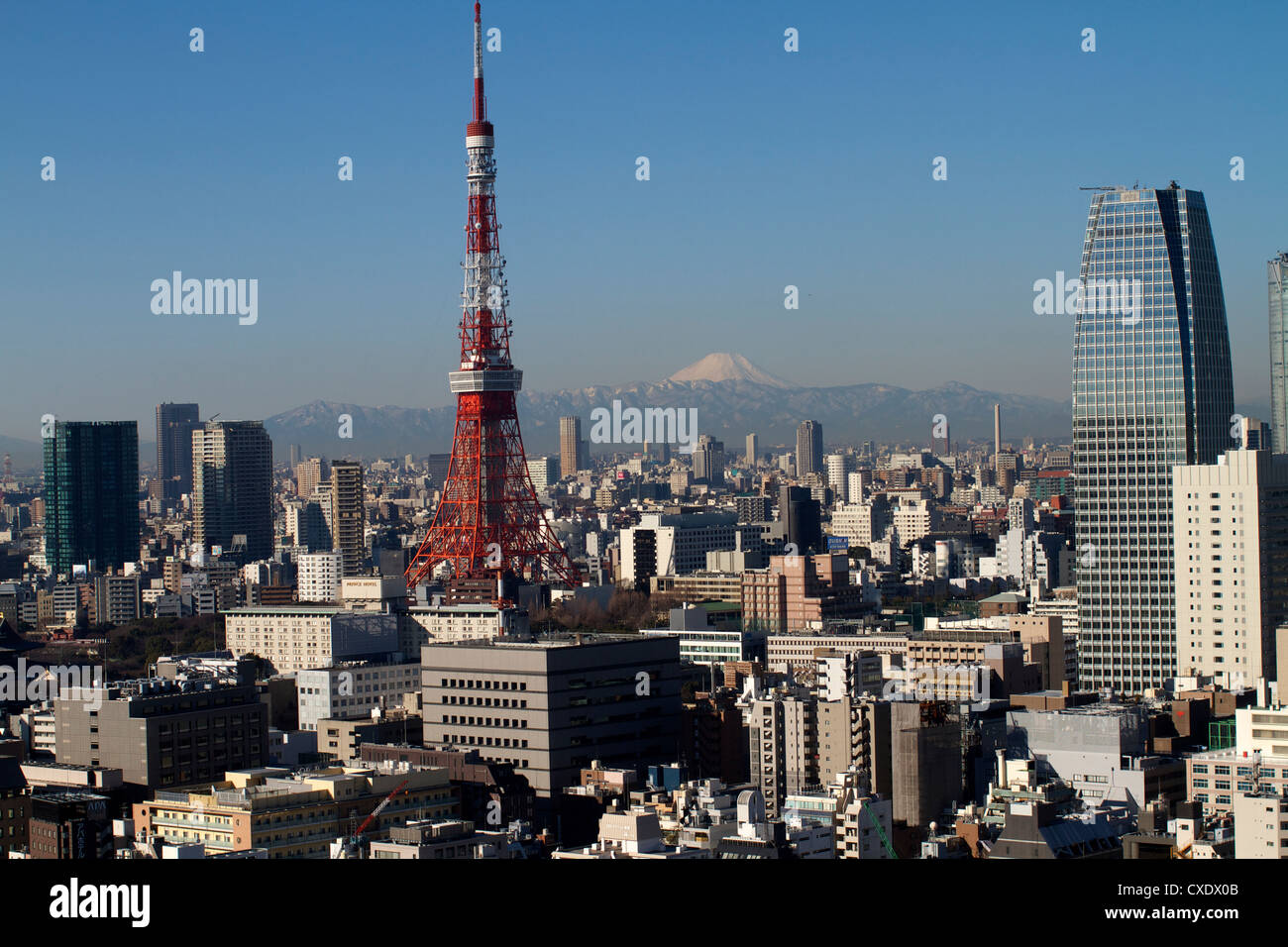 Tokyo tower, city skyline and Mount Fuji beyond, Tokyo, Japan, Asia Stock Photo