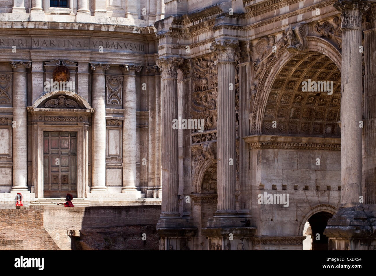 Forum Romanum in Rome with ancient gladiators Stock Photo