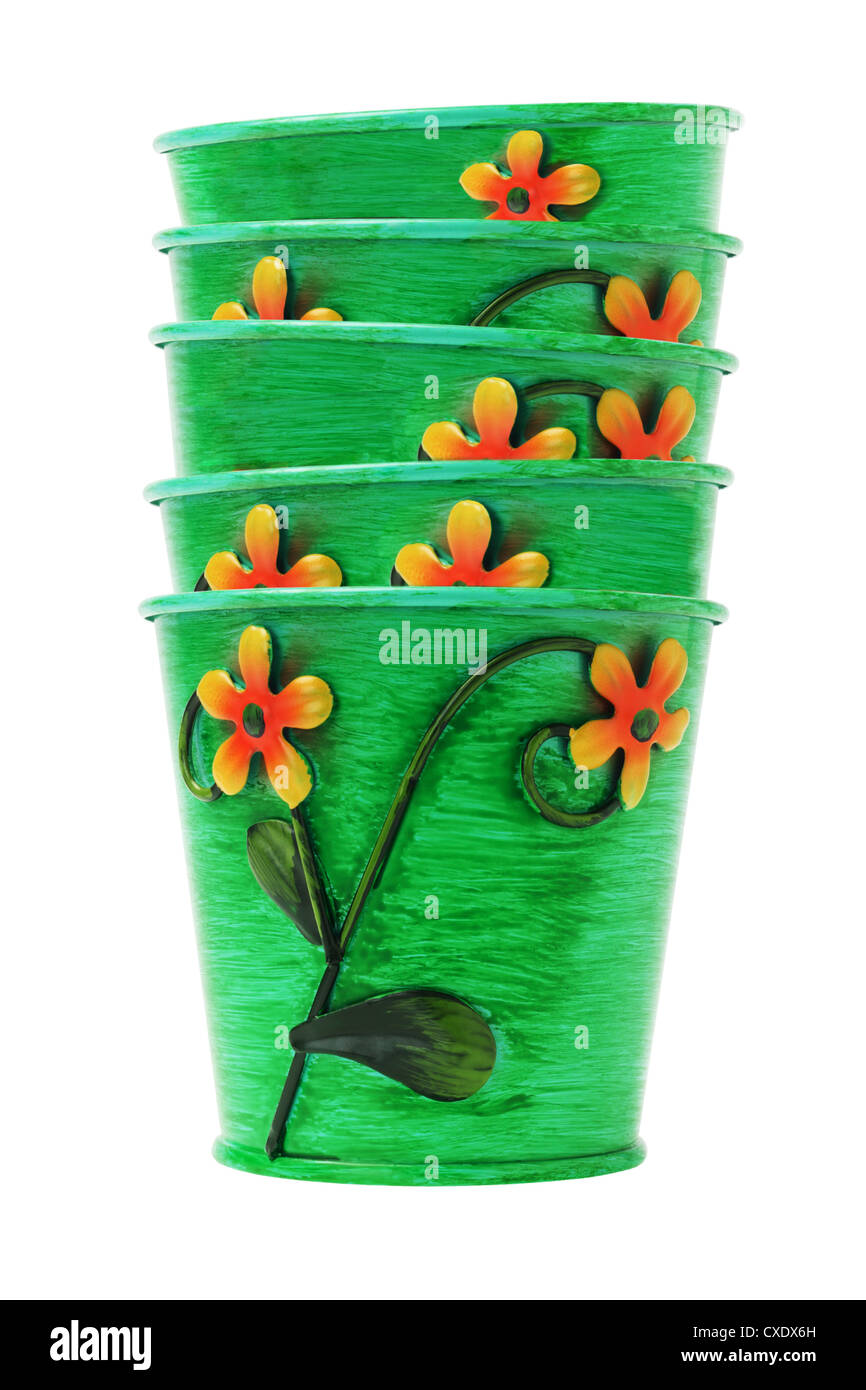 Stack of Colorful Flower Pots on White Background Stock Photo