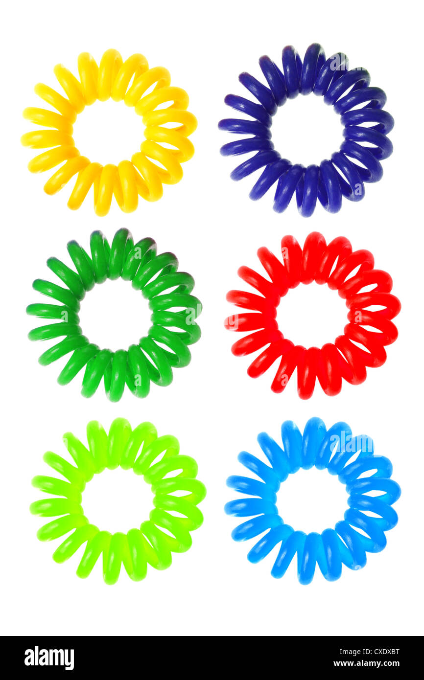 Colorful Spiral Elastic Hair Ties on White Background Stock Photo