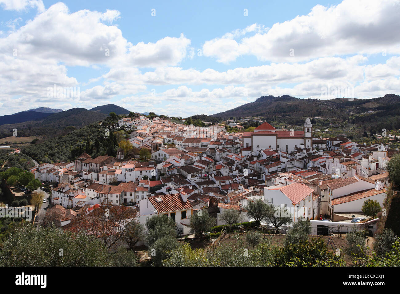 The tile roofs of houses in the walled city of Castelo de Vide, Alentejo, Portugal Stock Photo