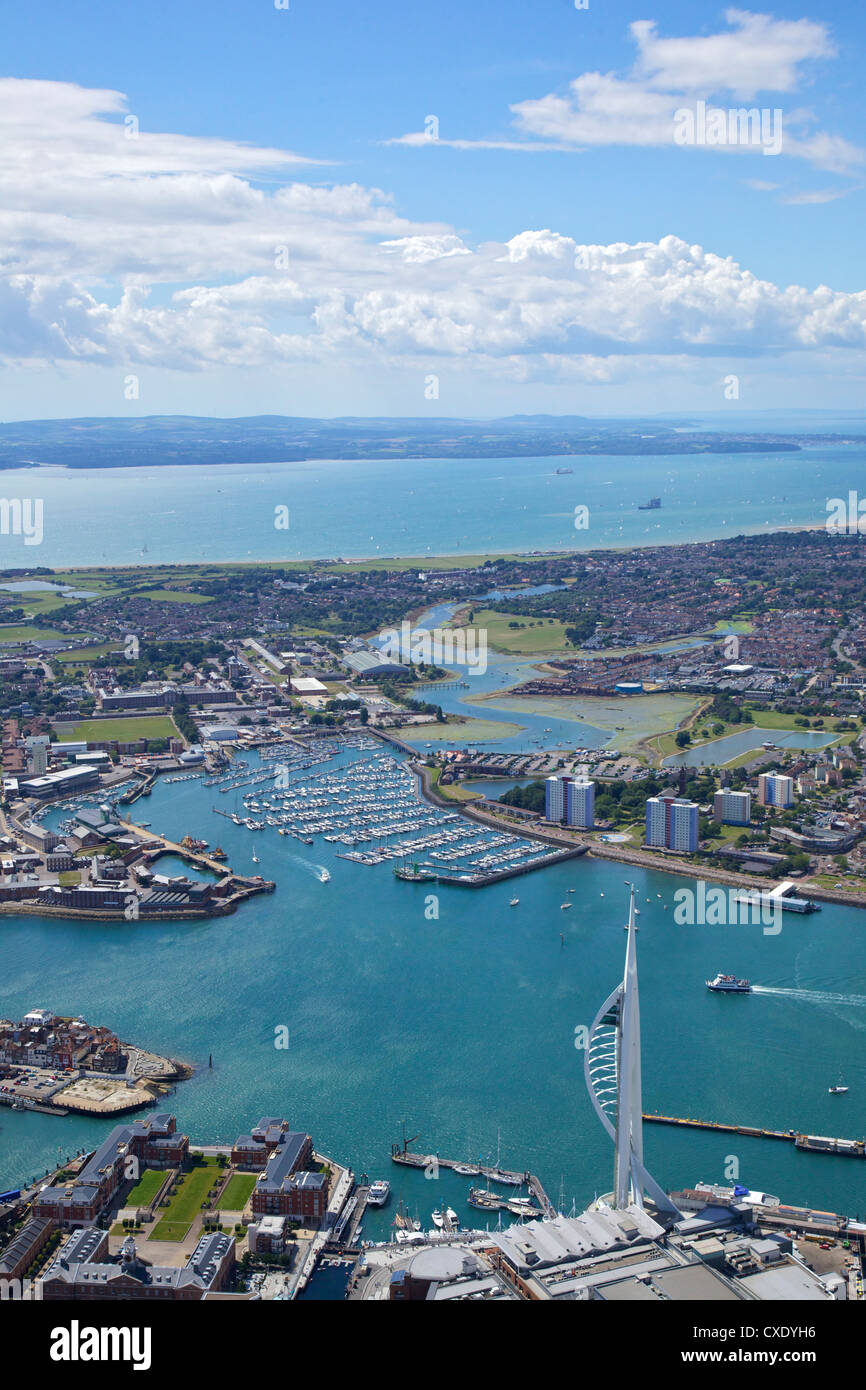 Aerial view of the Spinnaker Tower and Gunwharf Quays, Portsmouth, looking towards the Solent and Isle of Wight, Hampshire Stock Photo