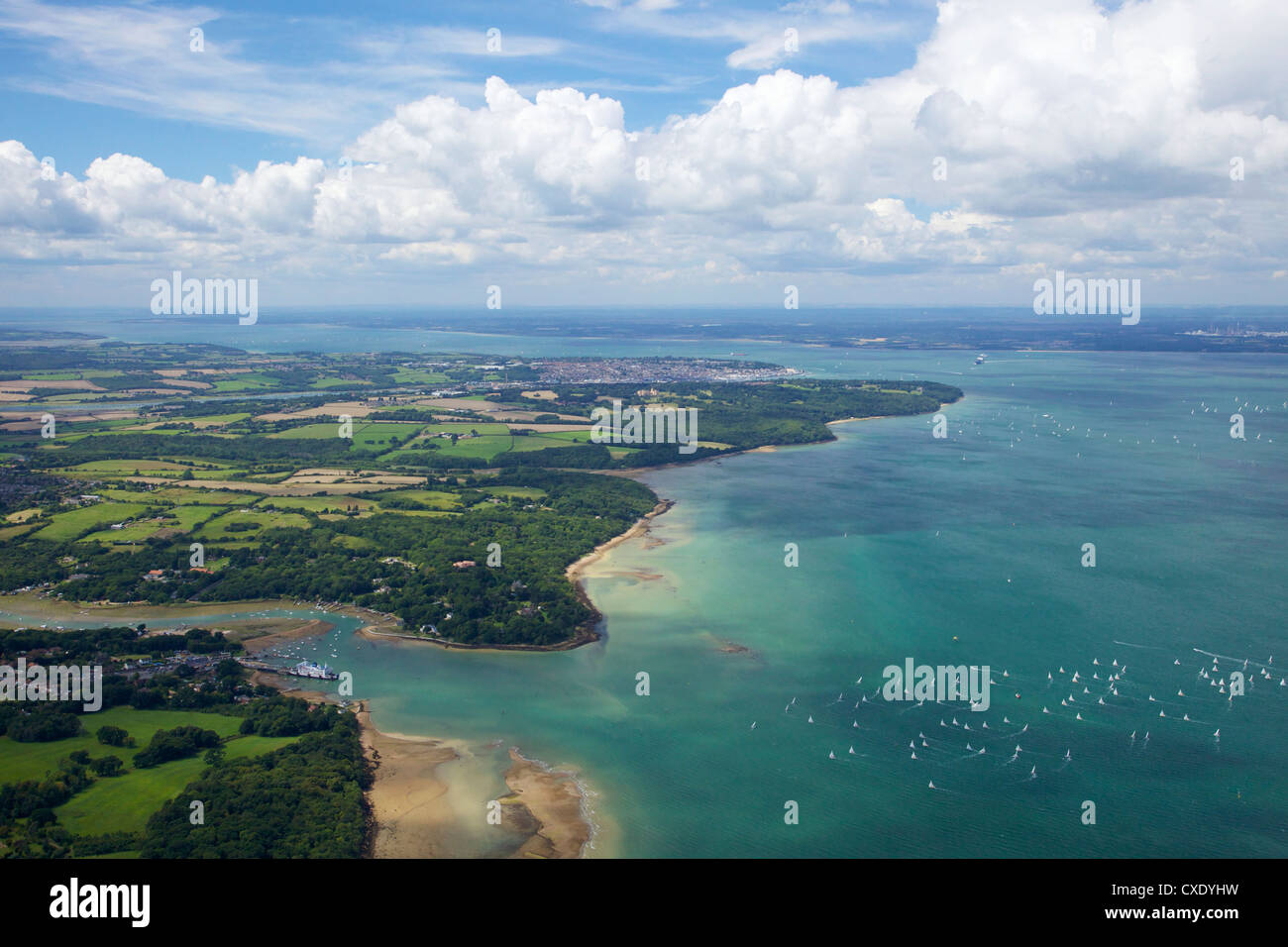 Aerial view of yachts racing in Cowes Week on the Solent, Isle of Wight, England, United Kingdom, Europe Stock Photo