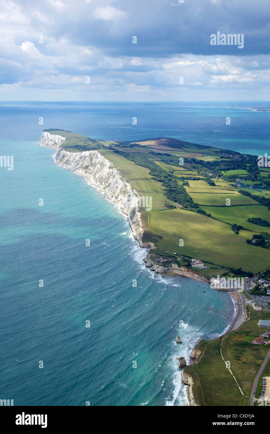 Aerial view of Freshwater Bay looking to the Needles, Isle of Wight, England, United Kingdom, Europe Stock Photo