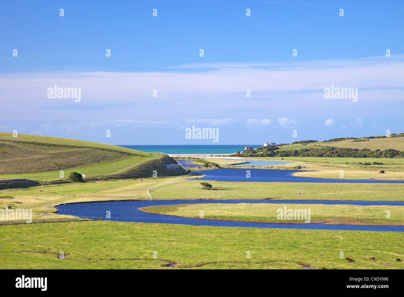 River Cuckmere meets the English Channel at Cuckmere Haven, East Sussex, South Downs National Park, England, United Kingdom Stock Photo