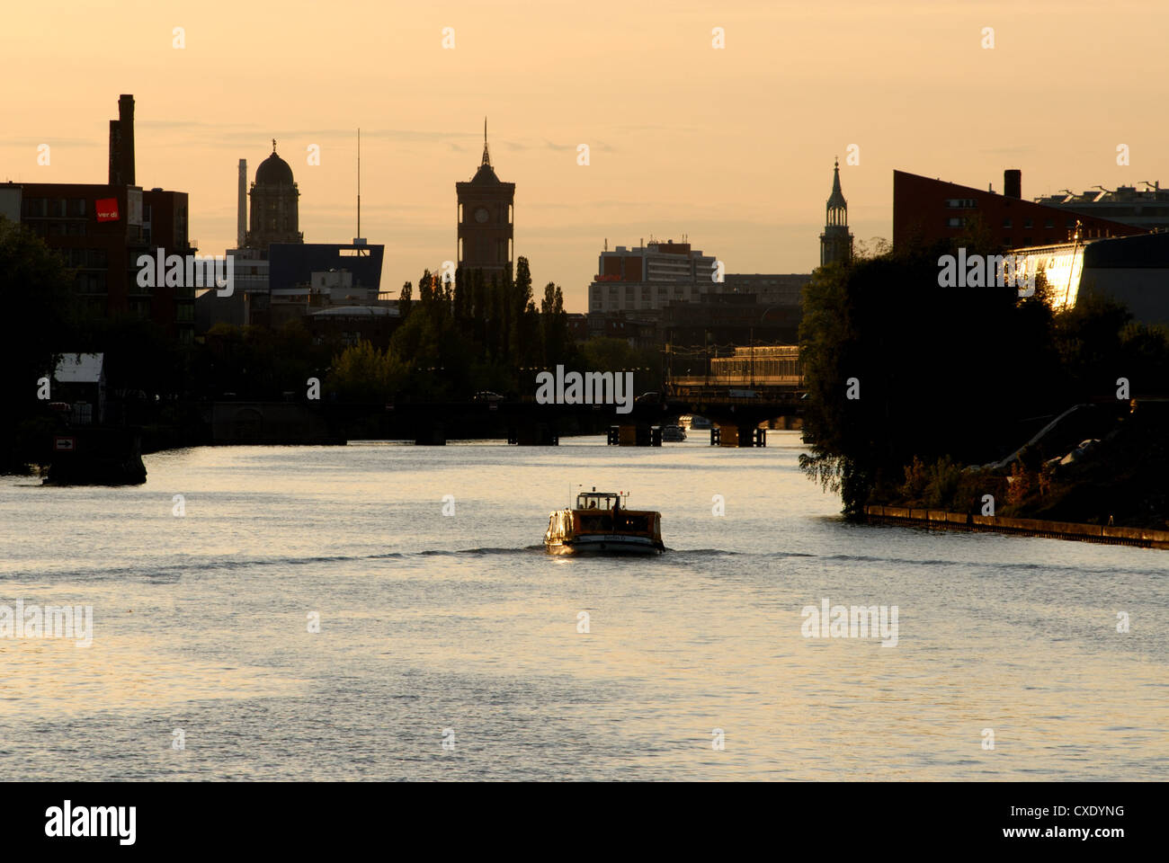 Berlin, a barge on the evening Spree Stock Photo