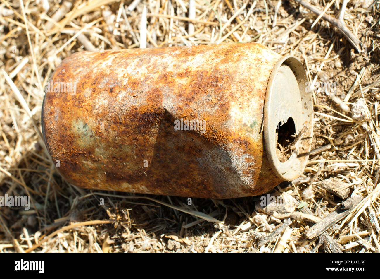Old rusty can of soft drink on the land Stock Photo