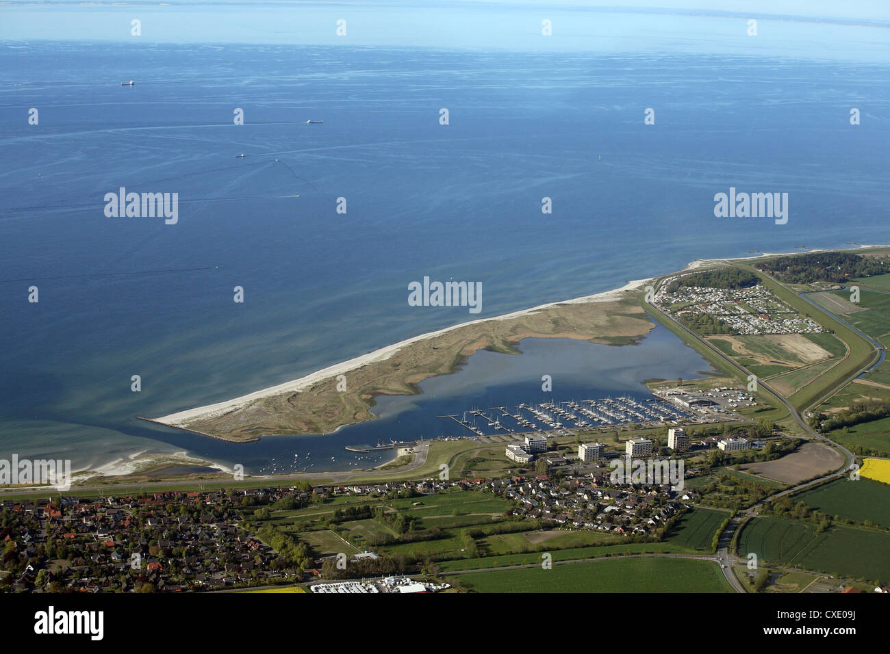 Aerial view of the Baltic Sea coast, on top of the Marina Wendtorf Stock Photo
