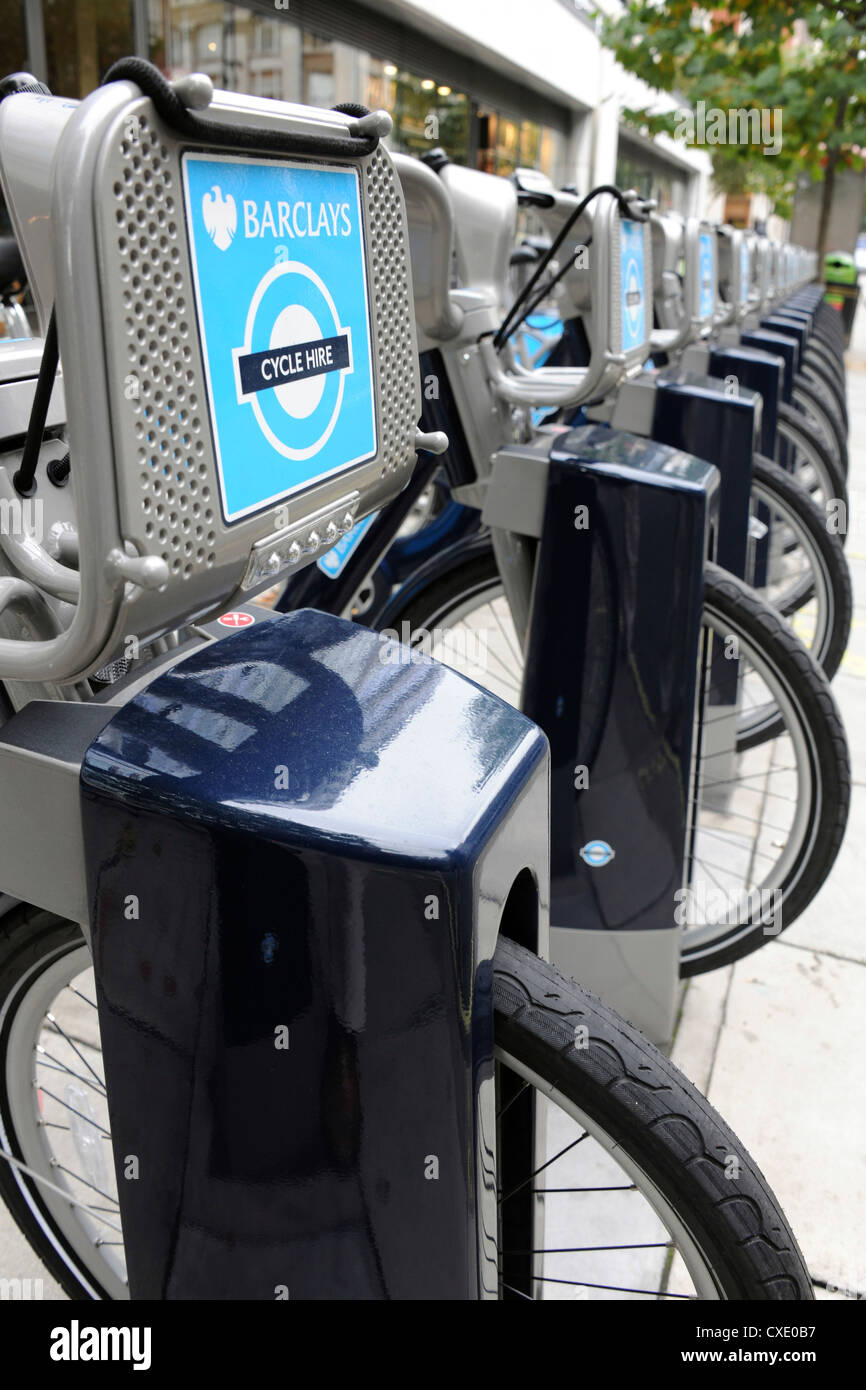 A row of 'Boris Bikes' docked in a Barclays Cycle Hire docking Station