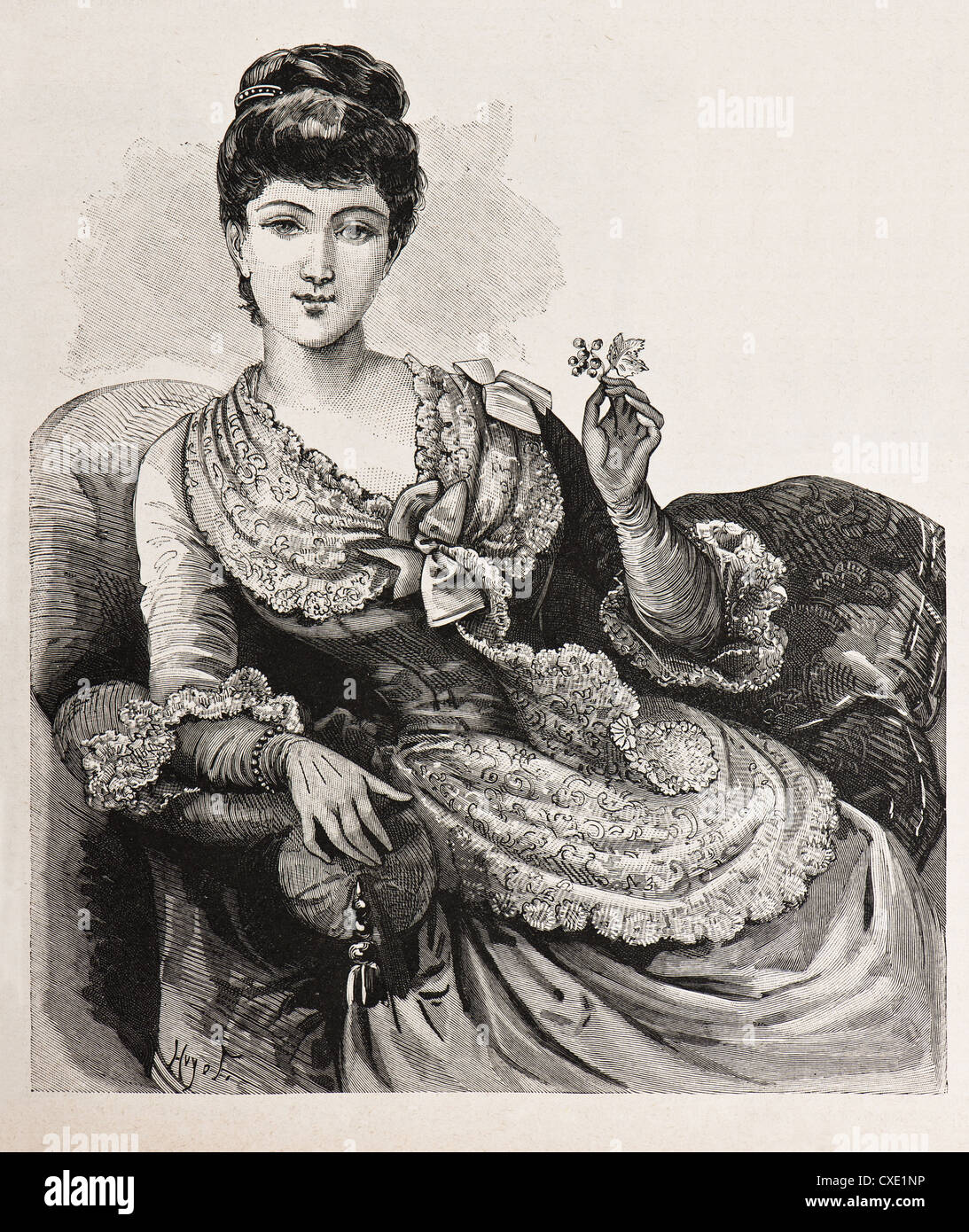 young elegant woman in beautiful corsage dress. vintage engraved illustration. La mode illustree 1885, France, Paris Stock Photo