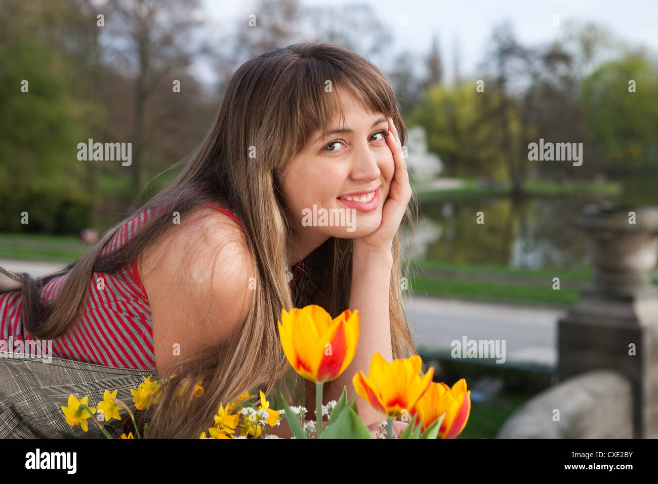 Spring Picute Portrait beautiful spring portrait with tulips Stock Photo - Alamy