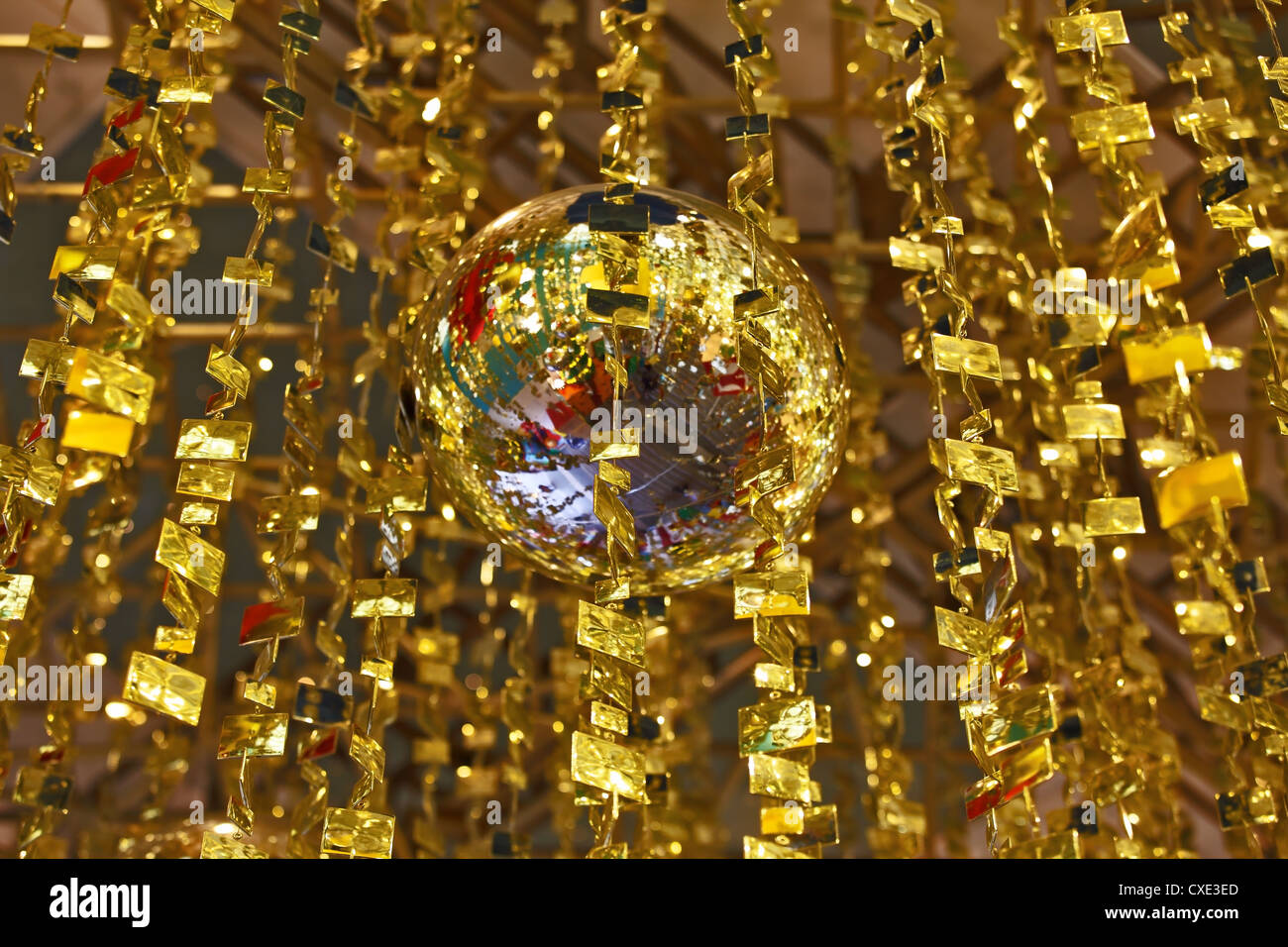 Mirror balls and gold tinsel Stock Photo Alamy