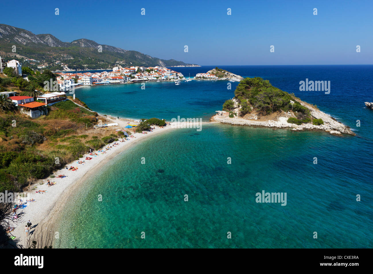 View over beach, Kokkari, Samos, Aegean Islands, Greece Stock Photo