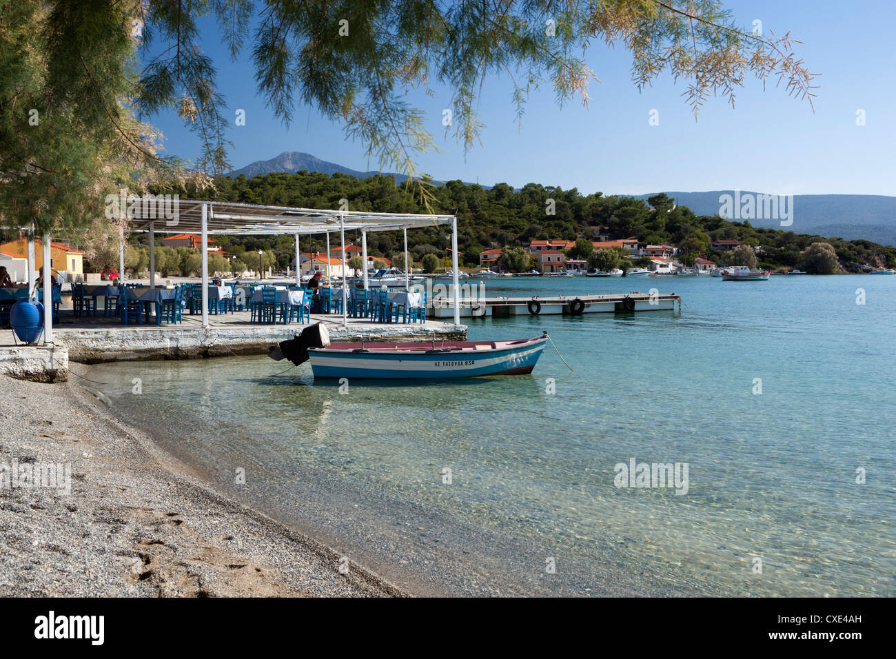 Taverna and beach, Posidonio, Samos, Aegean Islands, Greece Stock Photo
