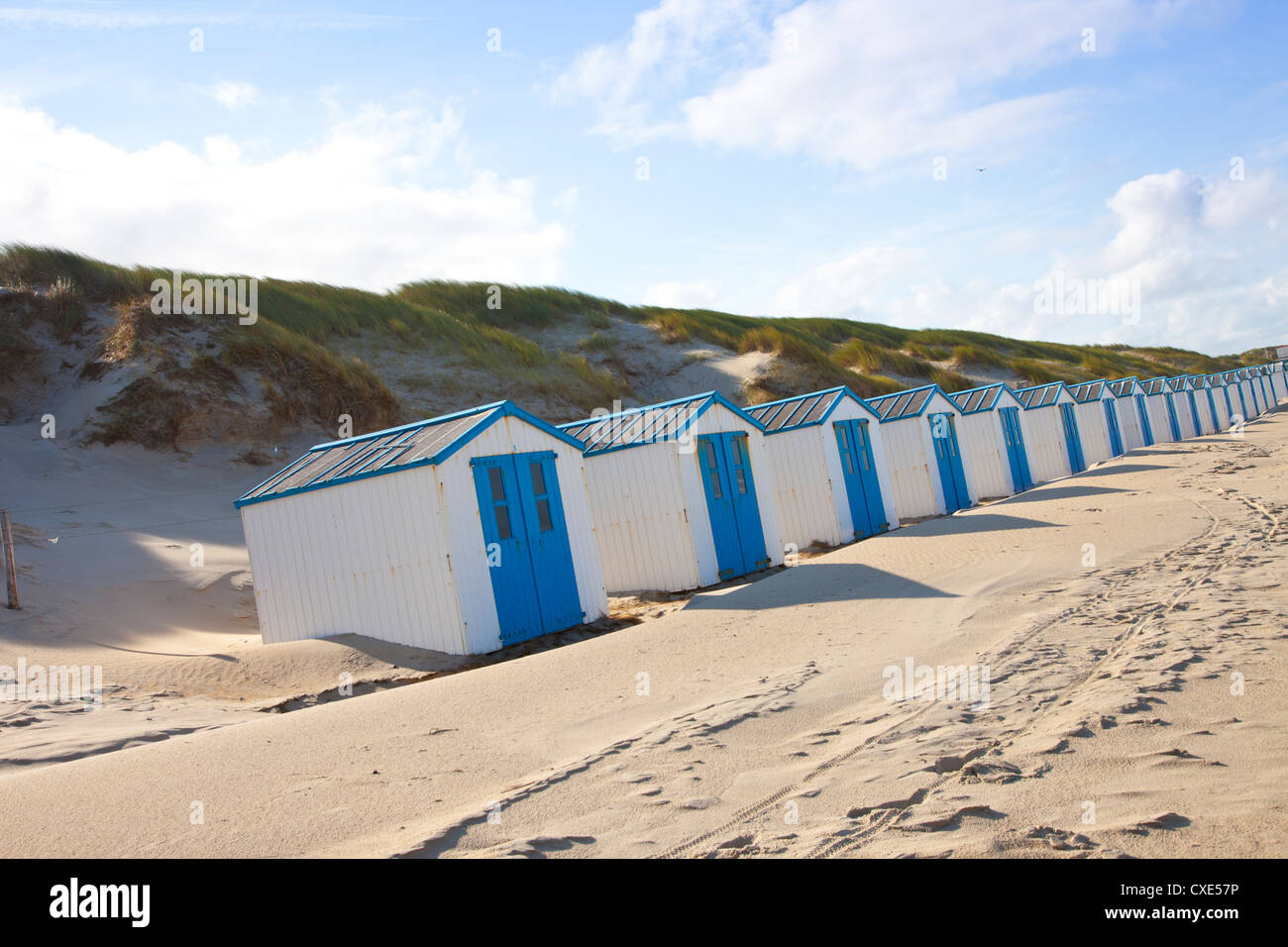 Dutch little houses on beach in De Koog Texel, The Netherlands Stock Photo