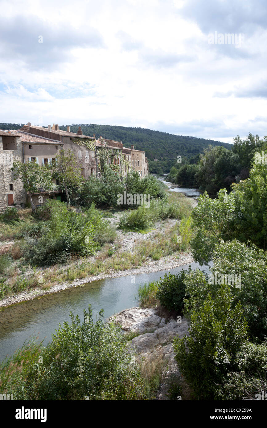 The Orbieu river and a labelled fortified village Lagrasse, in the