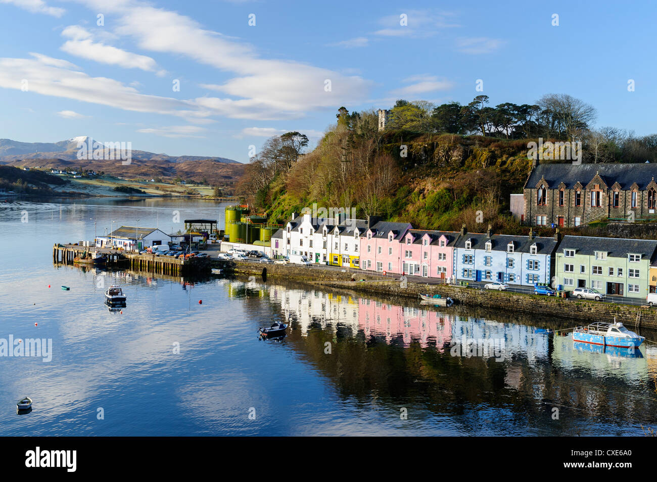 Looking down at the harbour of Portree, Isle of Skye, Inner Hebrides, Scotland Stock Photo