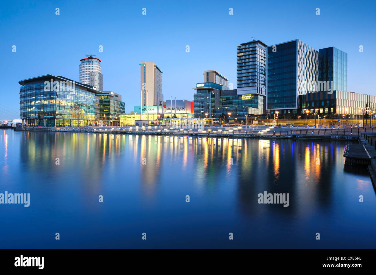 Dawn at MediaCity UK home of the BBC, Salford Quays, Manchester, Greater Manchester, England, United Kingdom, Europe Stock Photo