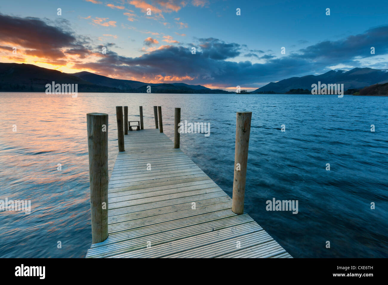 Sunset at Ashness jetty towards Skiddaw, Barrow Bay, Derwent Water, Keswick, Lake District National Park, Cumbria, England. Stock Photo
