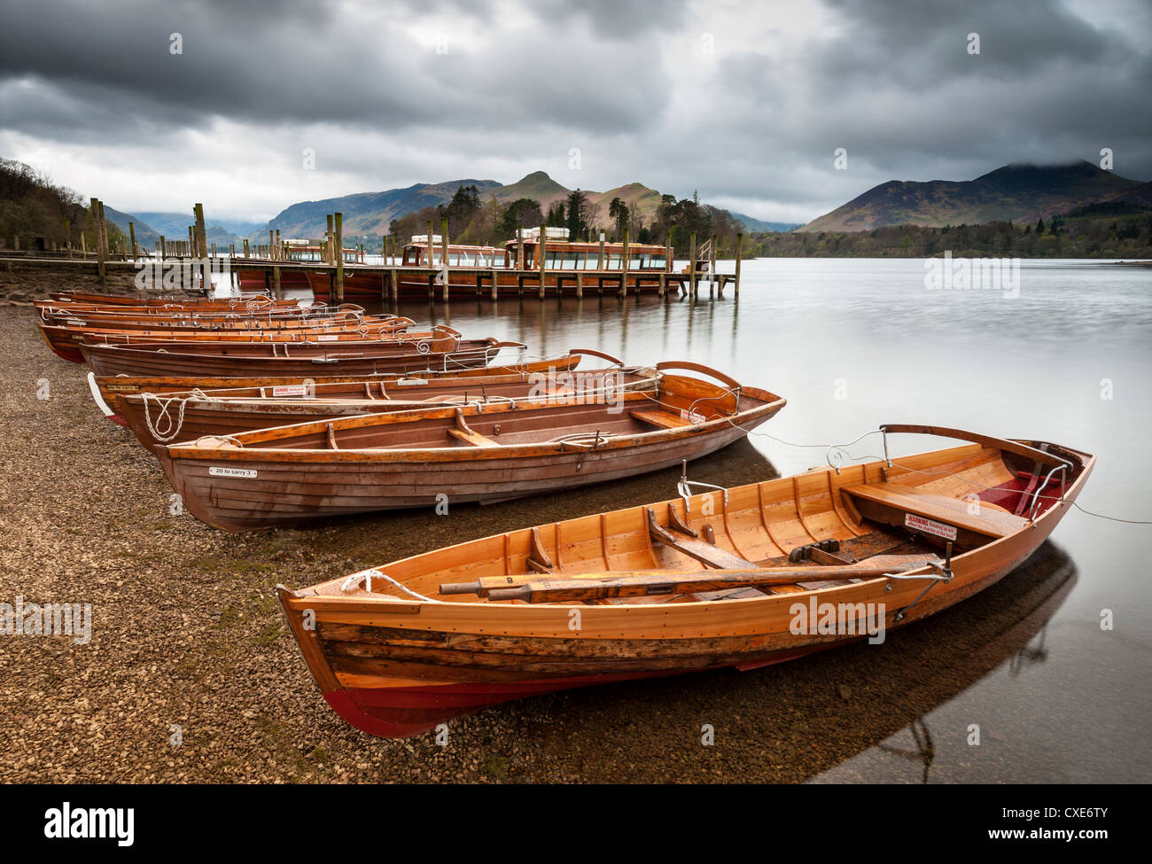 Keswick launch boats, Derwent Water, Lake District National Park, Cumbria, England Stock Photo