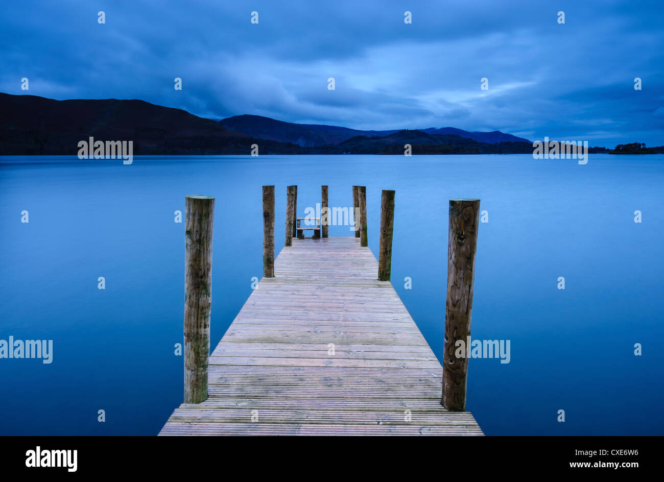Dawn at Ashness Jetty, Barrow Bay, Derwent Water, near Keswick, Lake District National Park, Cumbria, England Stock Photo