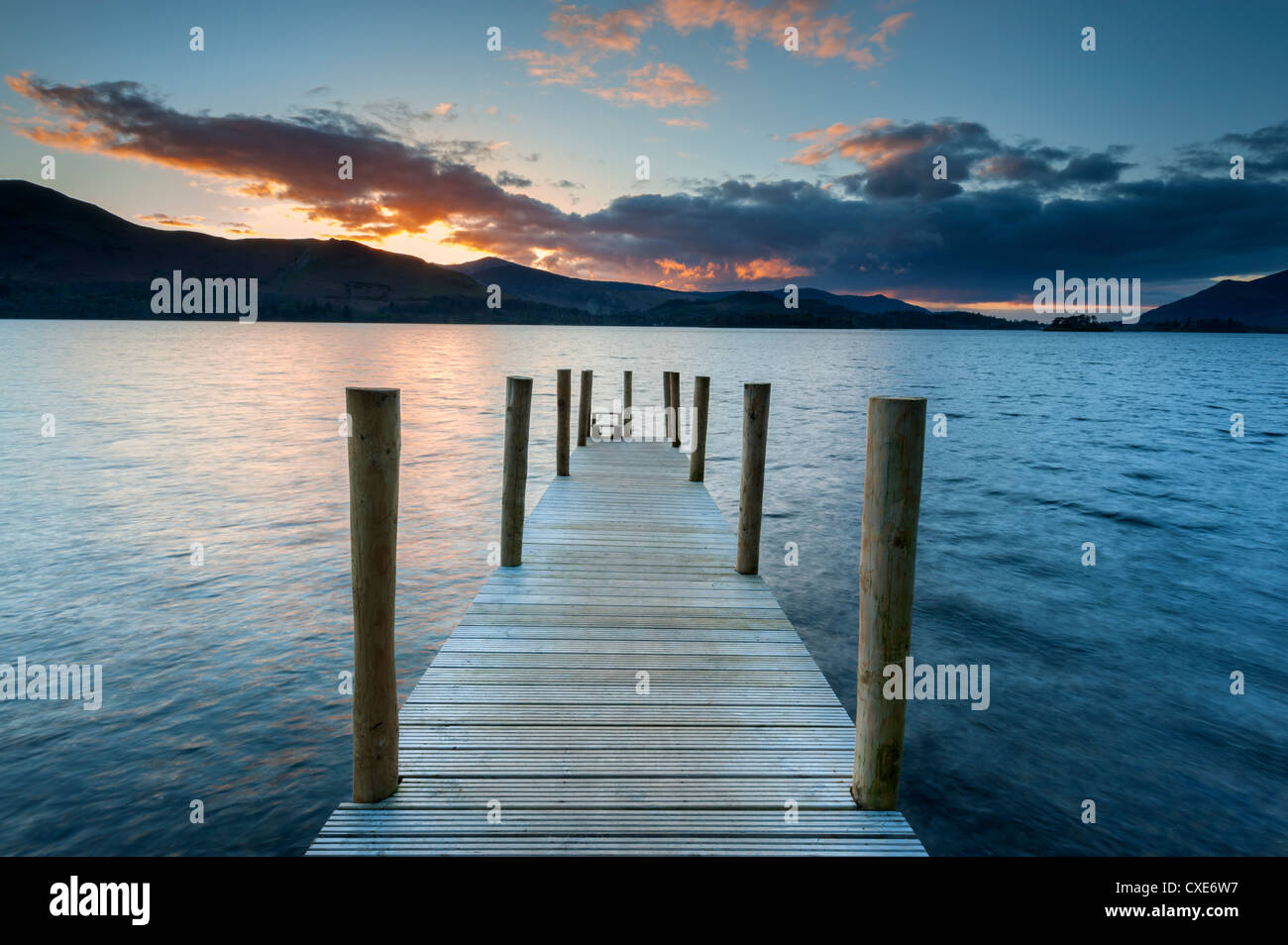 Sunset at Ashness Jetty, Barrow Bay, Derwent Water, Keswick, Lake District National Park, Cumbria, England Stock Photo
