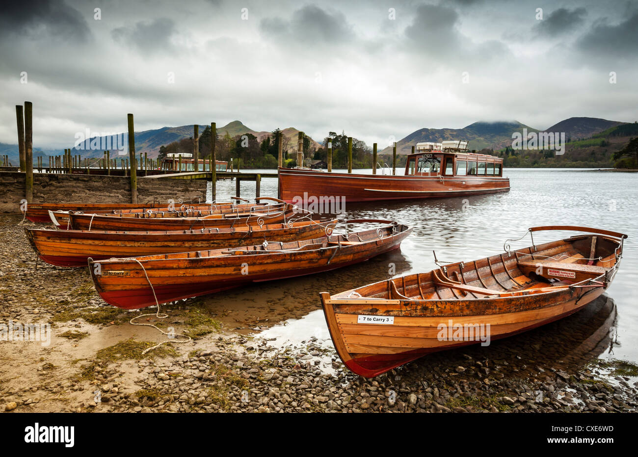 Keswick launch boats, Derwent Water, Lake District National Park, Cumbria, England Stock Photo