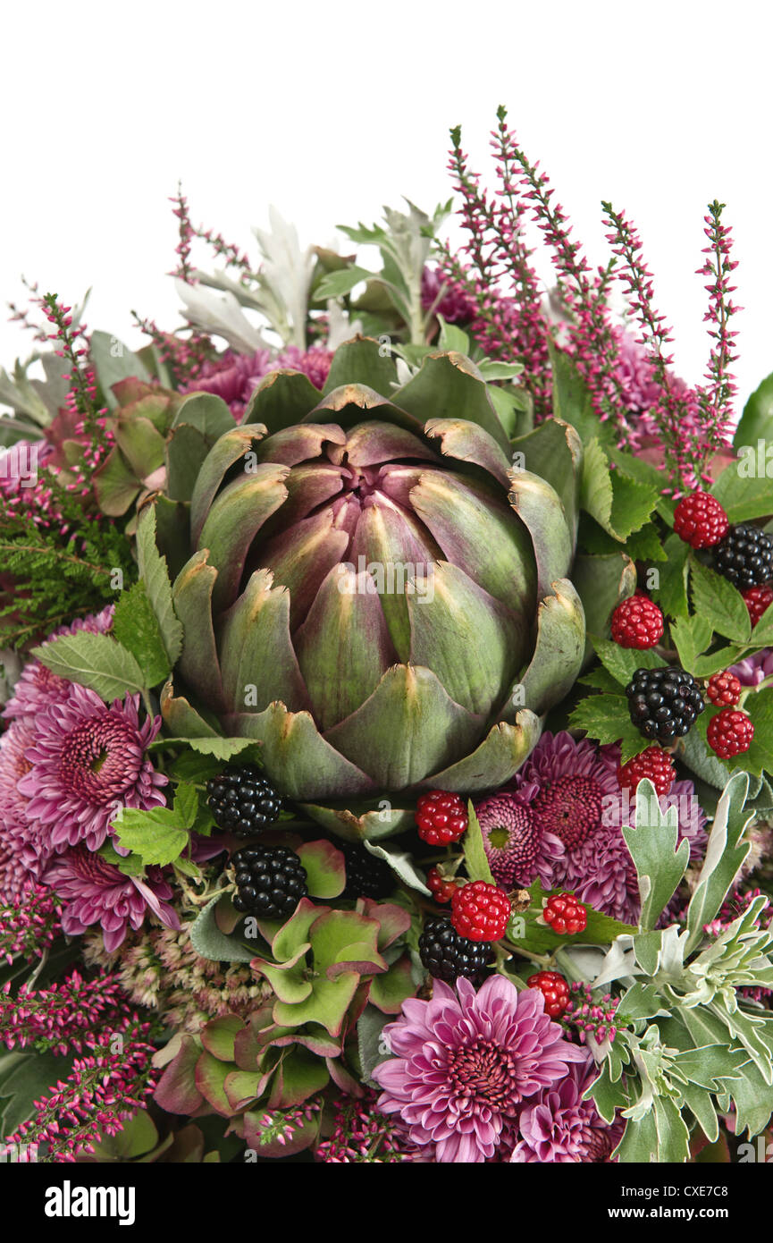 beautiful autumn chrysanthemum flowers bouquet with artichoke and berries Stock Photo