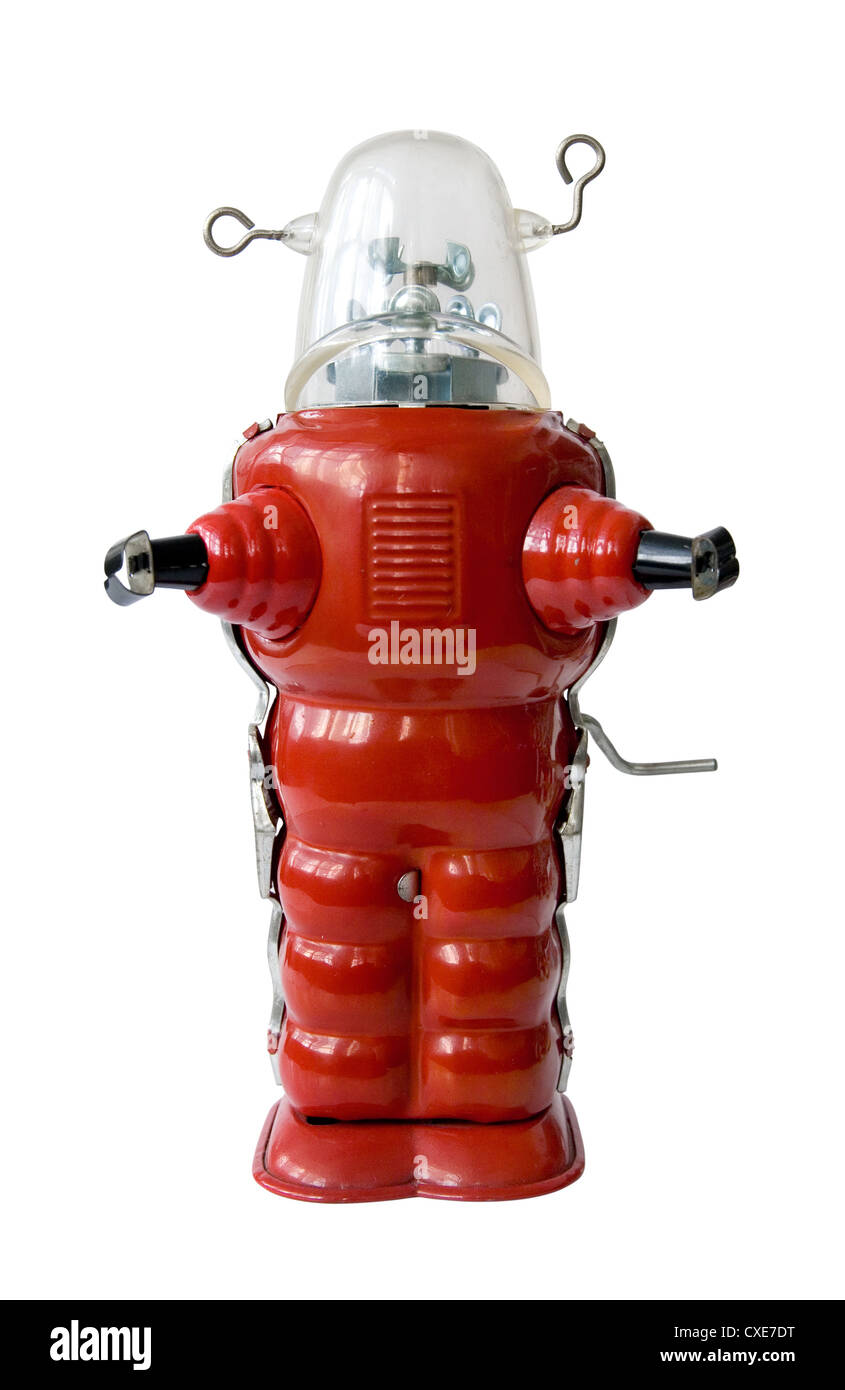 Old red metal robot - Vintage toy Stock Photo