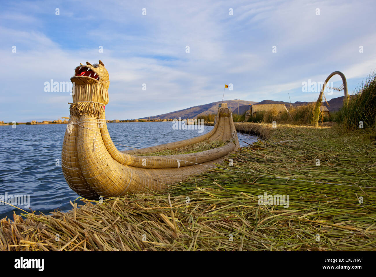 Traditional reed boat Uros Island, Flotantes, Lake Titicaca, peru, South America Stock Photo