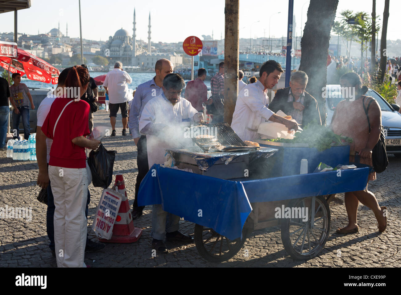 Making and selling mackerel fish sandwiches, in Istanbul, in Turkey