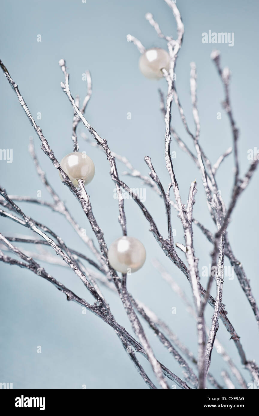 Silver branches with pearl decorations Stock Photo
