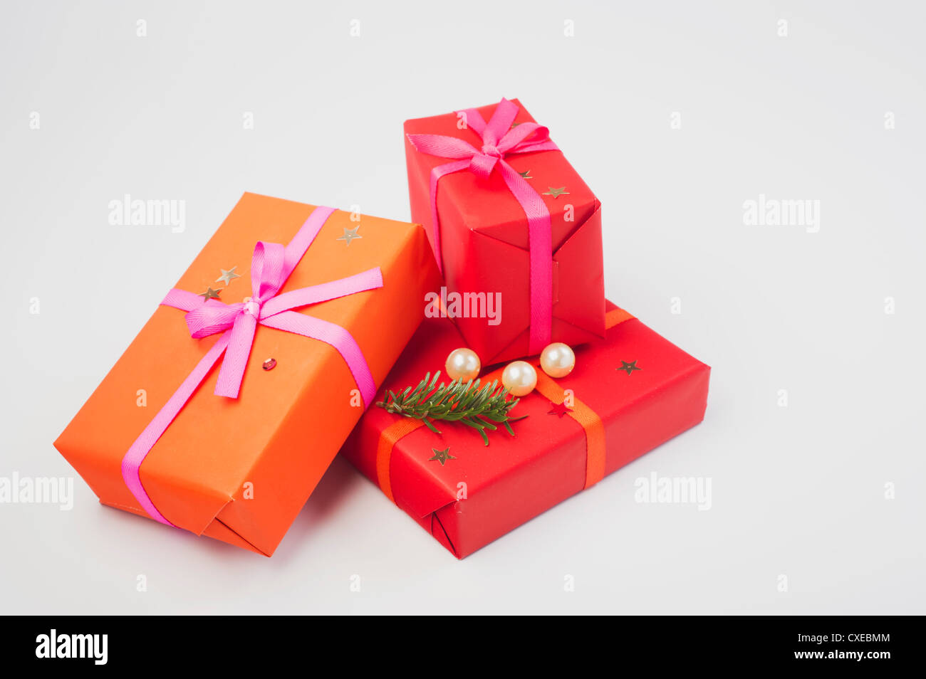 Festively wrapped Christmas presents Stock Photo