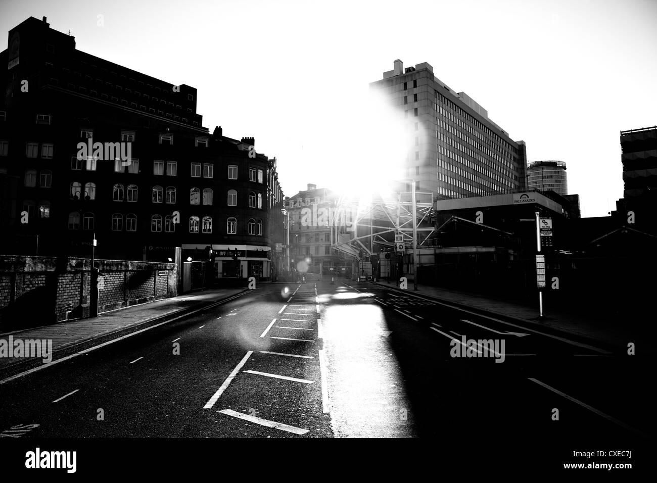 View down Navigation Street central Birmingham to New Street Station in black and white Stock Photo