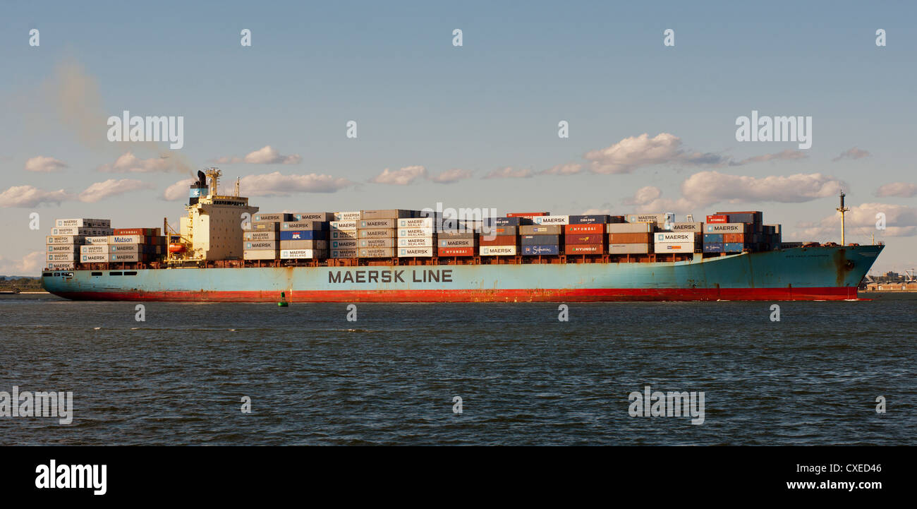 The Maersk line Sea Land Champion laden with containers leaves port in the New York and New Jersey harbor Stock Photo