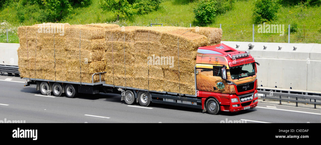 Front and side view of  trailer & flatbed hgv lorry truck carrying large bales of straw driving along M25 Motorway Essex England UK Stock Photo