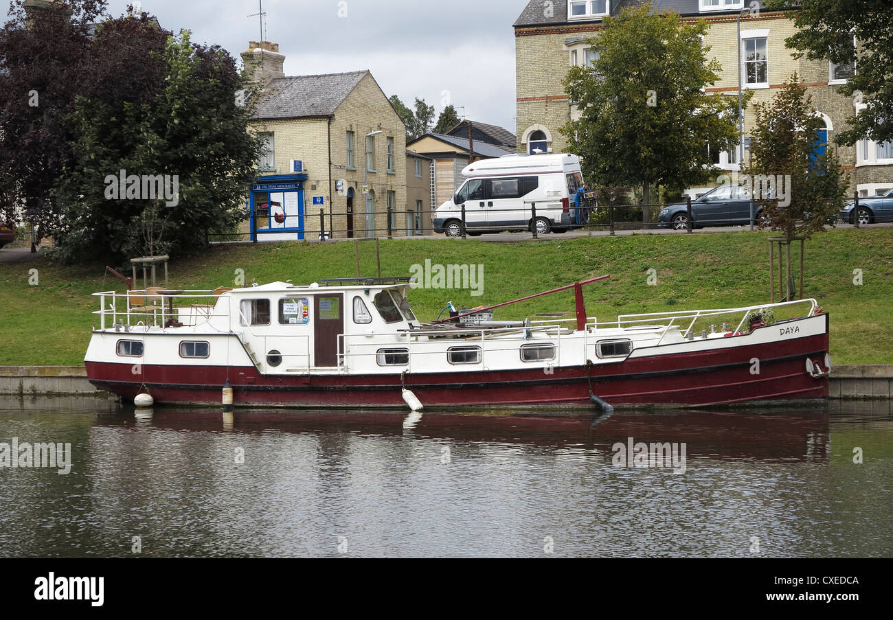 Large river boat or sea going motor yacht river Cam Cambridge Stock Photo