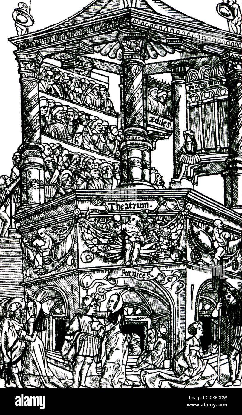 LATE MEDIEVAL THEATRE shown in an edition of Terence's comedies published in Lyon, France, in 1493 Stock Photo