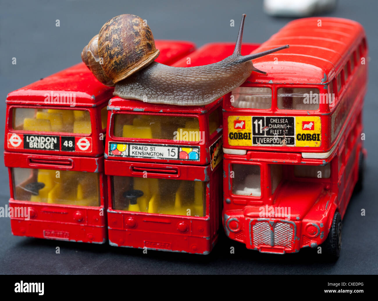 London buses travelling at a snails pace. Stock Photo