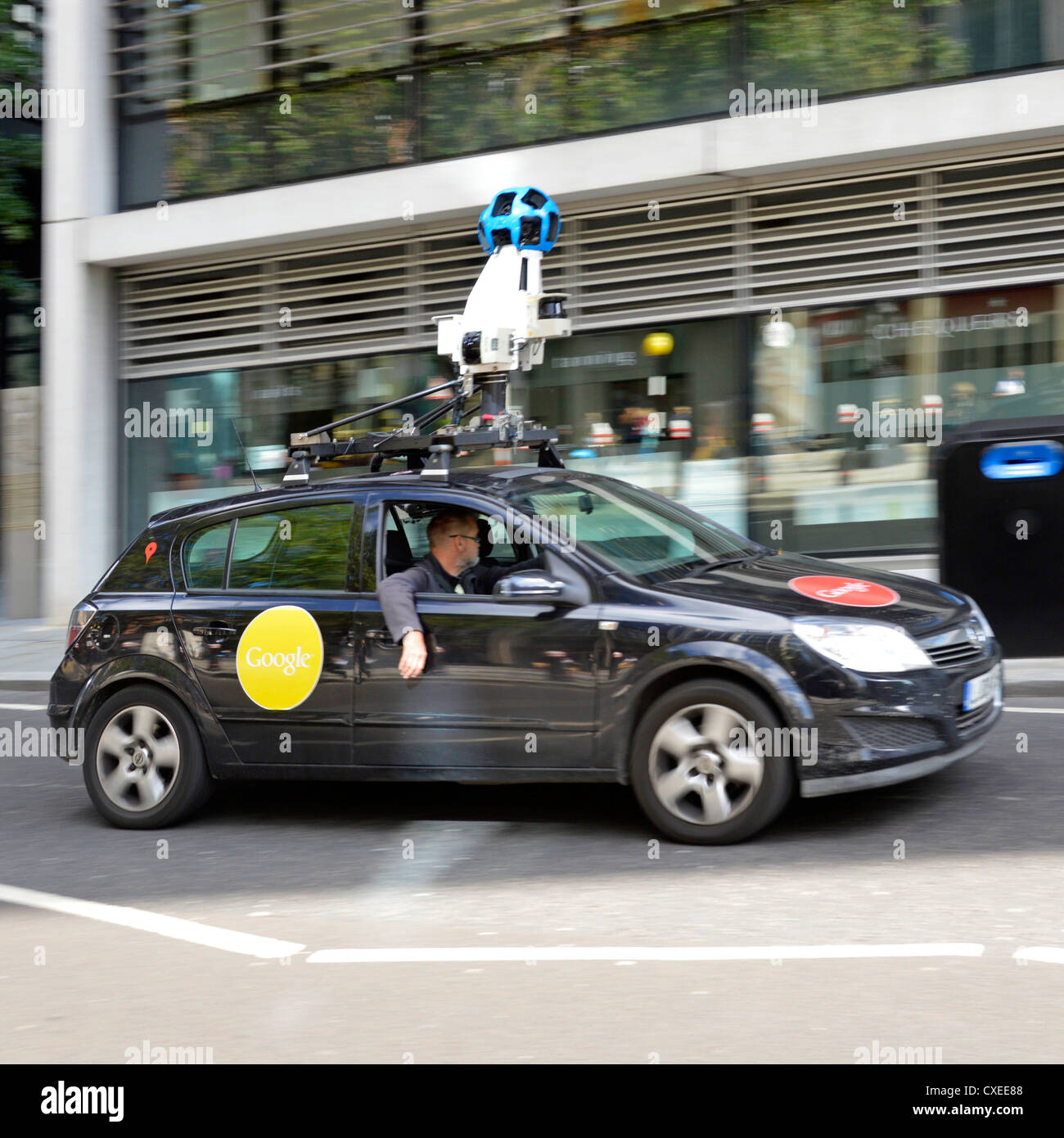 Close up of Google car & video camera rig fixed into vehicle roof filming street view pegman map images driving Fetter Lane City of London England UK Stock Photo