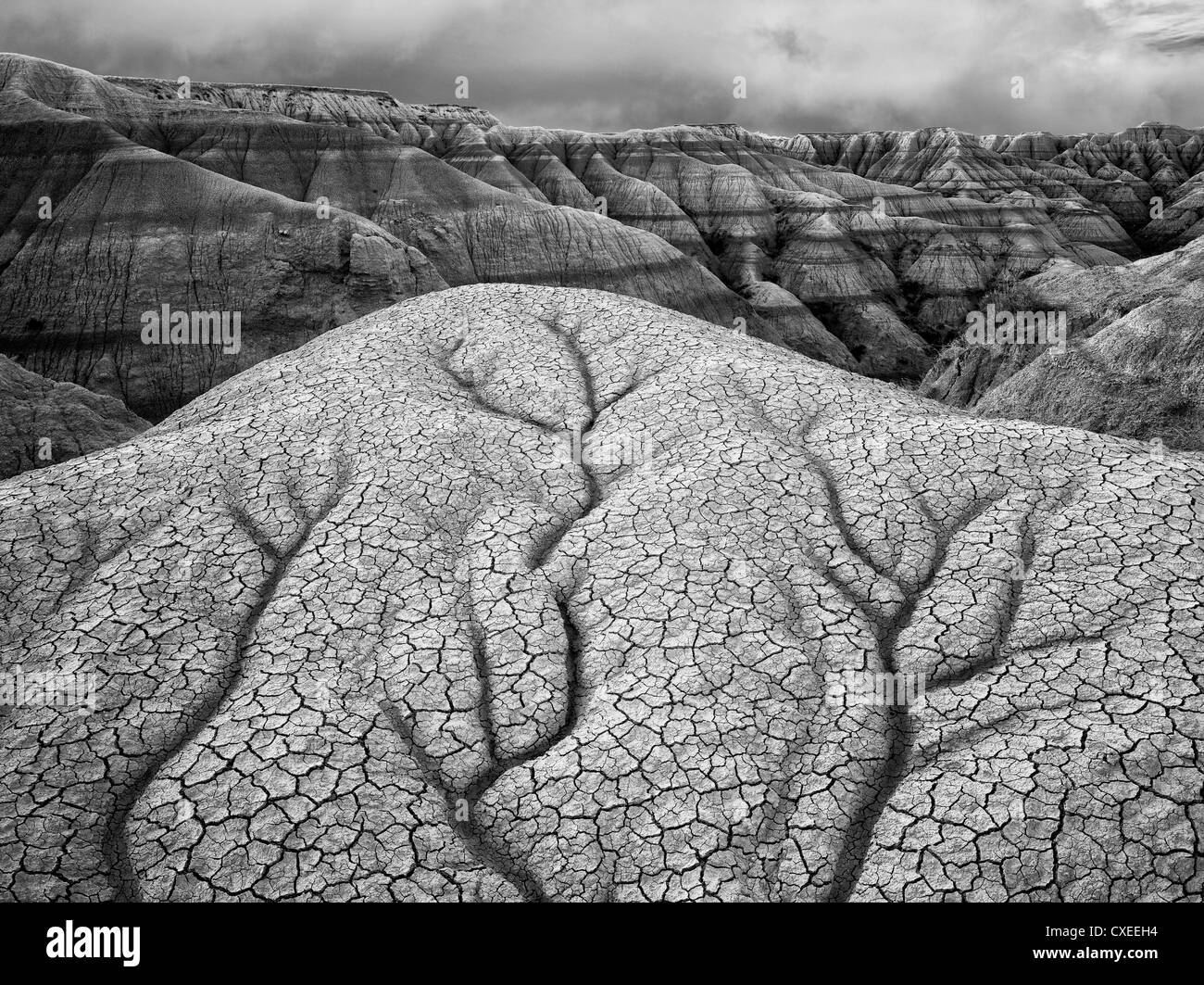 Eroded and cracked rock and mud formations. Badlands National Park. South Dakota formations. Stock Photo