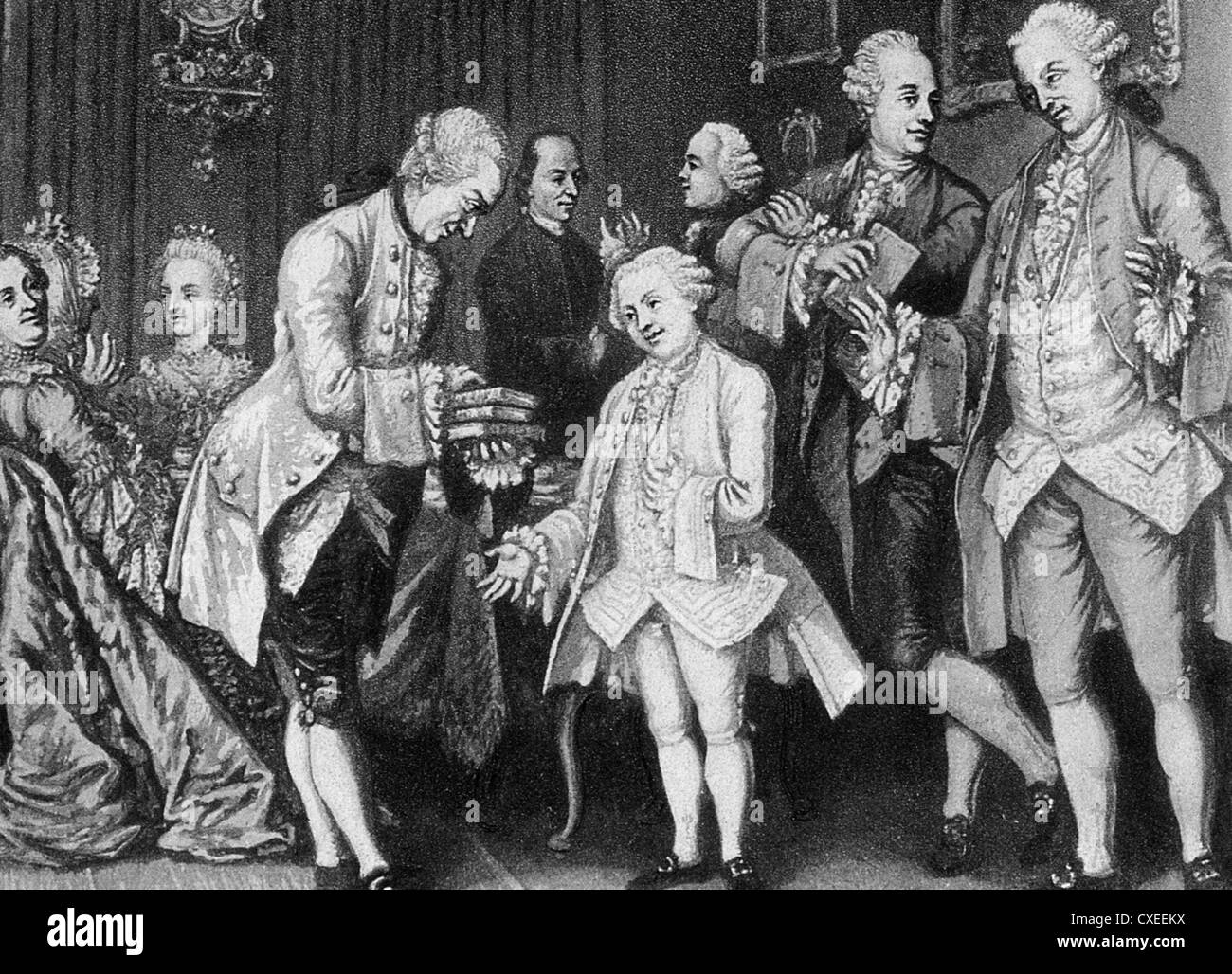 WOLFGANG AMADEUS MOZART (1756-1791) during the family Grand Tour about 1763 with father Leopold leaning behind him Stock Photo