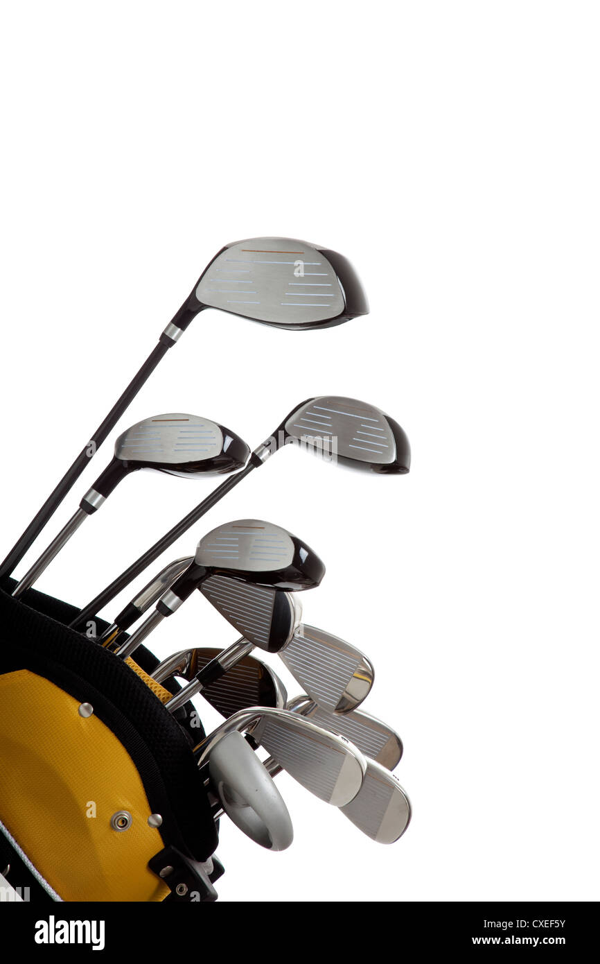 A set of new golf clubs on a white background with copy space Stock Photo